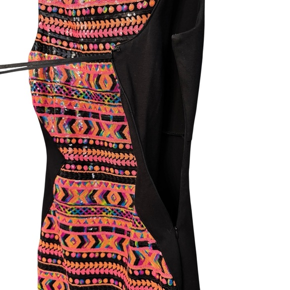 Hale Bob Sequin Bodycon Dress Small Black Tribal Print Sleeveless - Picture 5 of 8